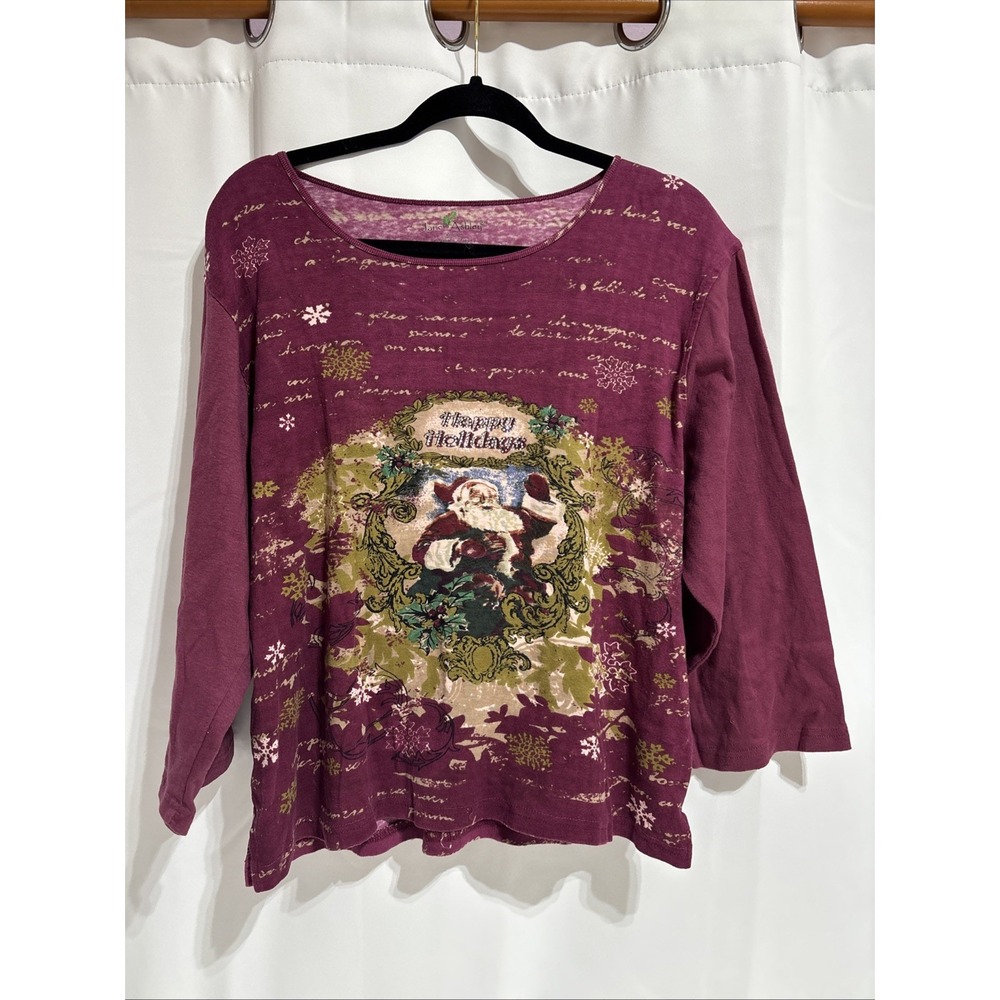 Jane Ashley 3/4-Sleeve T-Shirt Happy Holidays Christmas Santa Size 1X‎ Crystals
